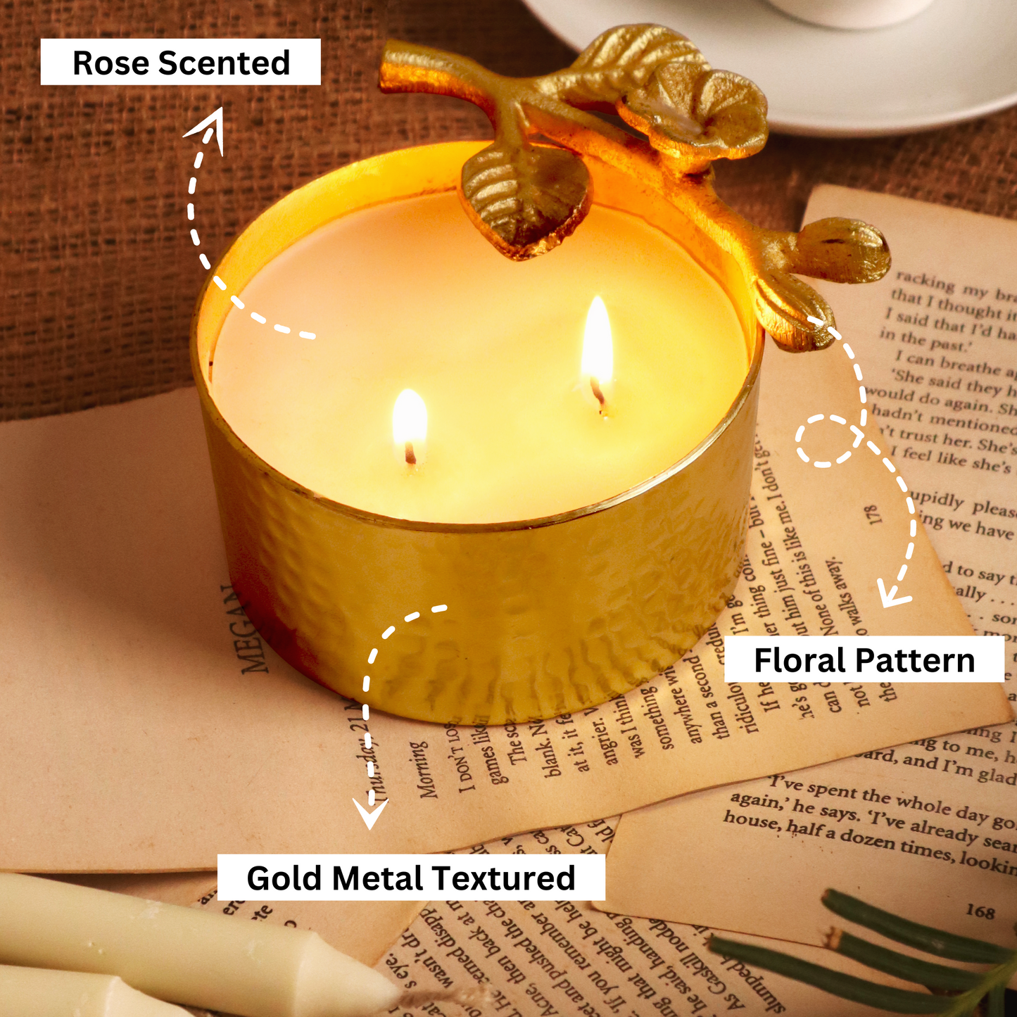 Gold Metal Textured Floral Pattern Rose Scented Candle - Single Pc