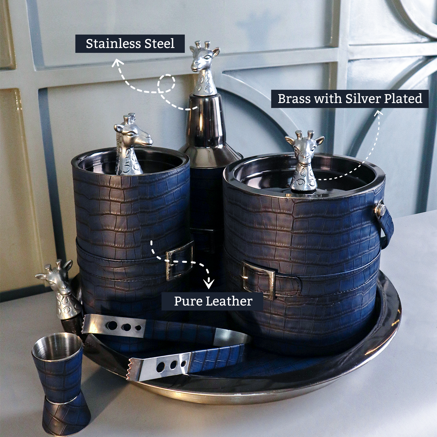 Blue Leather Abstract Pattern Bar Set