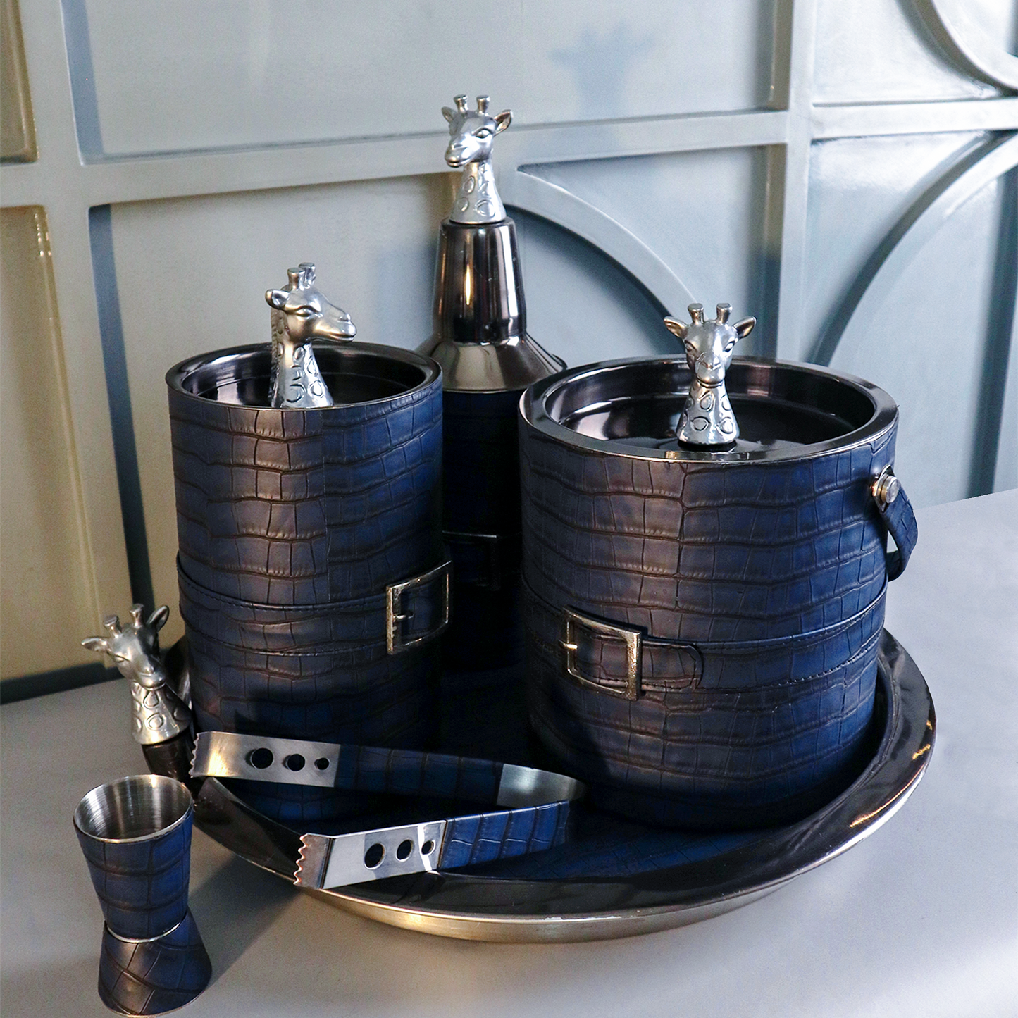 Blue Leather Abstract Pattern Bar Set