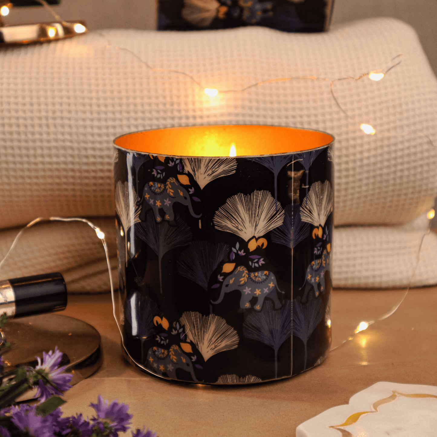 elephant flower Multi Color Steel Abstract Print Fragrance Candles - Set Of 2