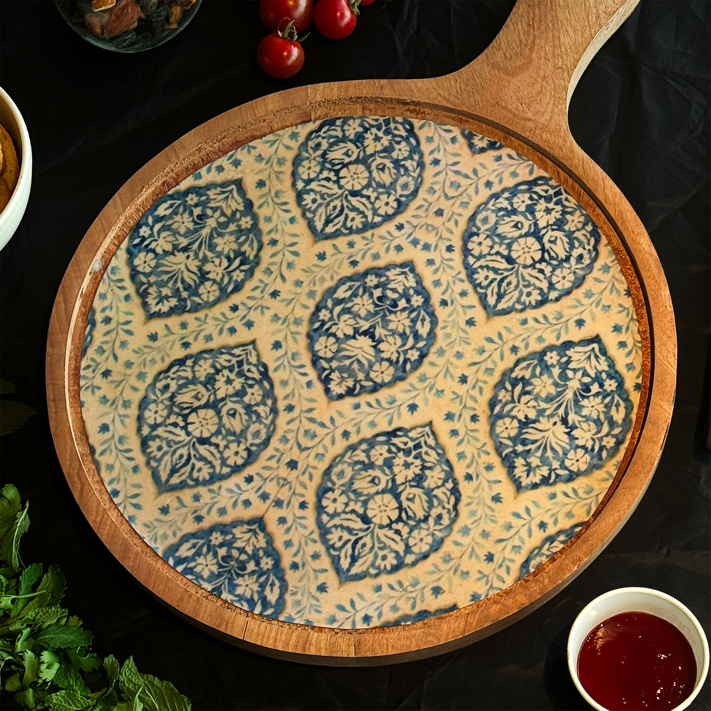 Blue Mango Wood Printed Floral Pizza Platter