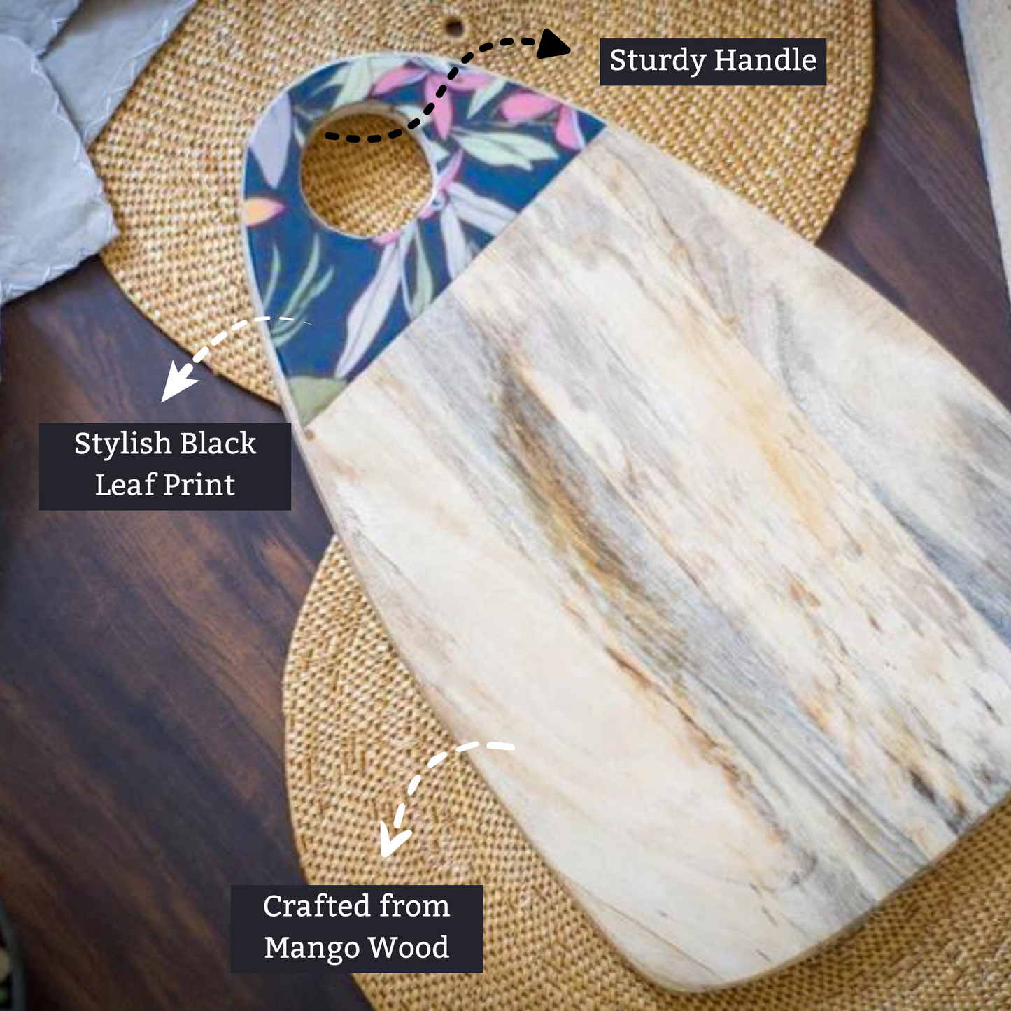 Brown Mango Wood Printed Floral Placement Chopping Board
