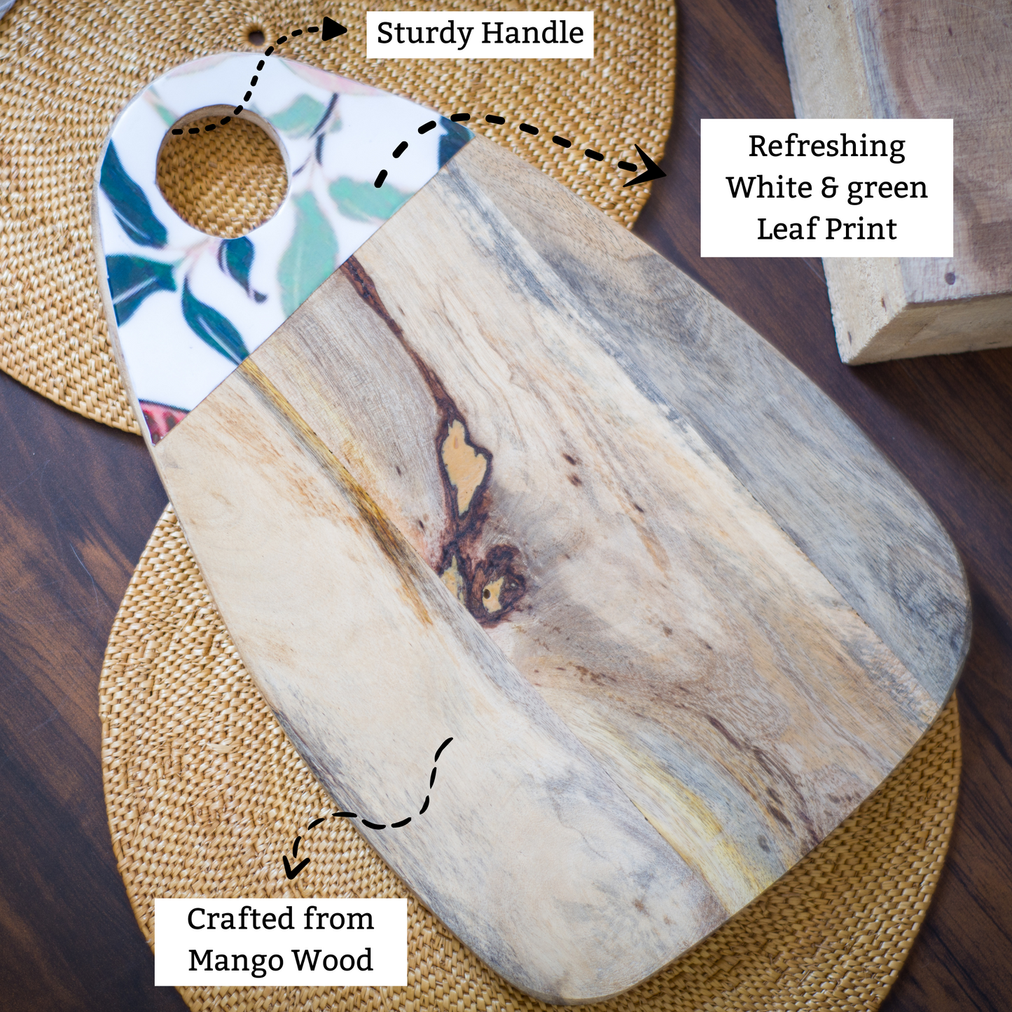 Brown Mango Wood Printed Tropical Leaf Placement Chopping Board