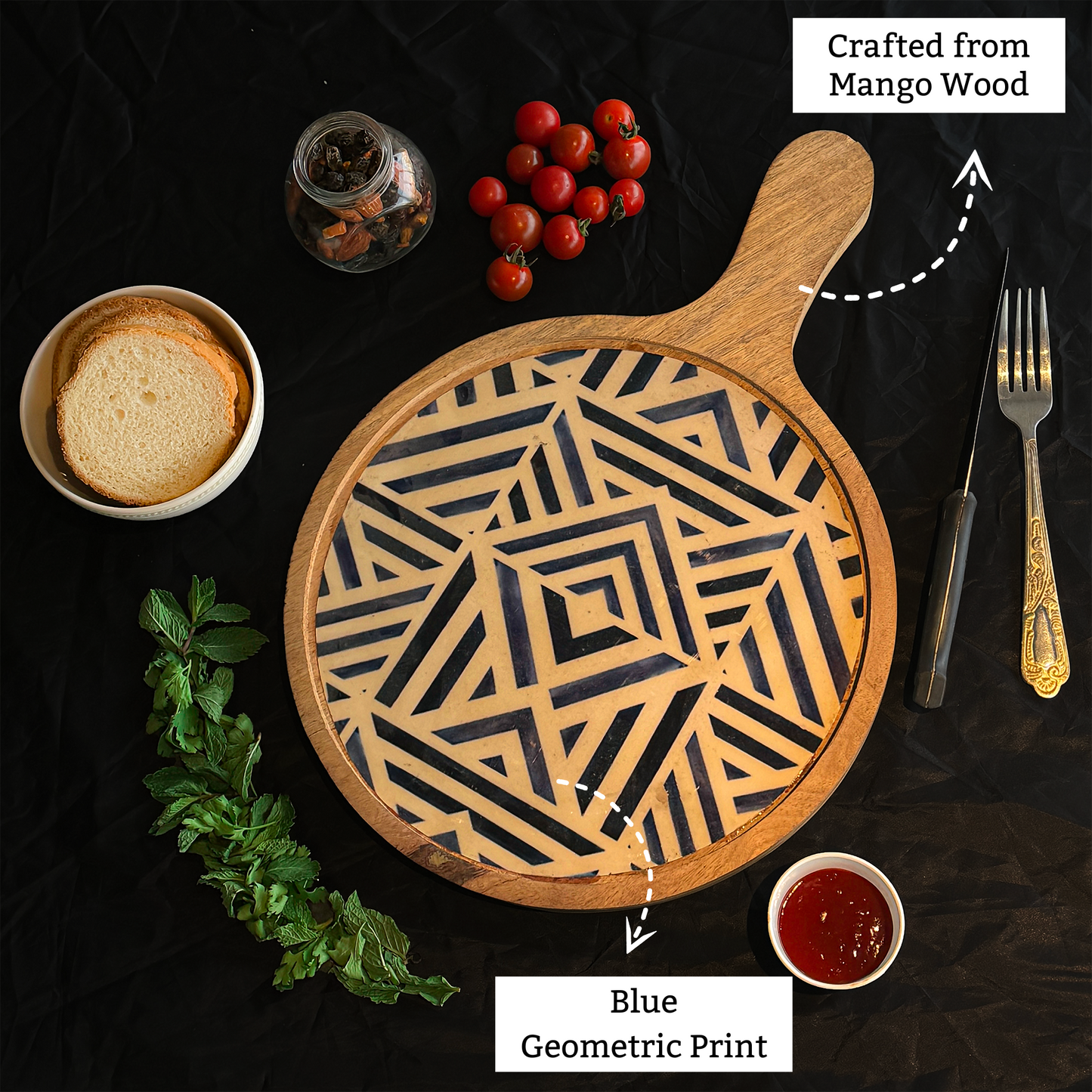 Blue Geometric Print Pizza Platter