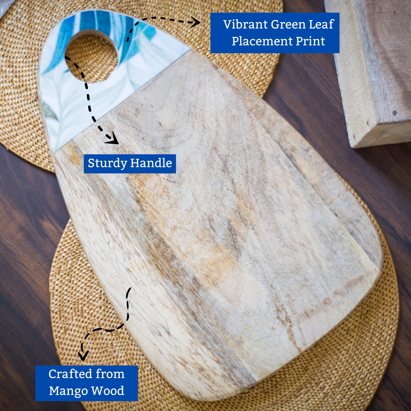 Brown Mango Wood Printed Leaf Chopping Board
