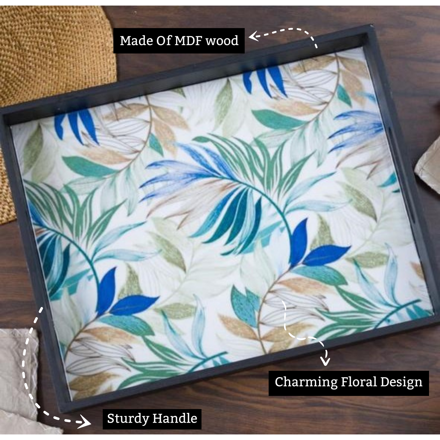 Green Mdf Wood Printed Leaf Rectangle Shaped Tray