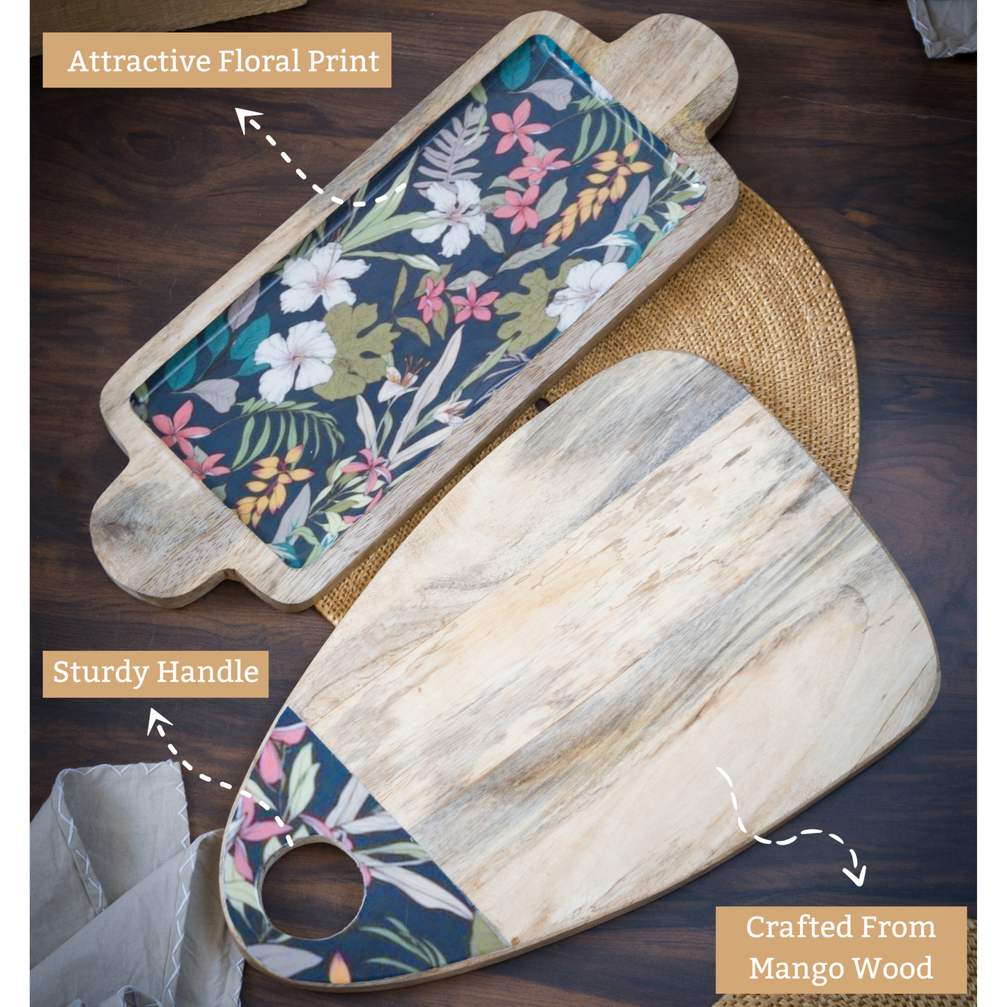 Grey Mango Wood Printed Floral And Bird Chopping Board and Platter