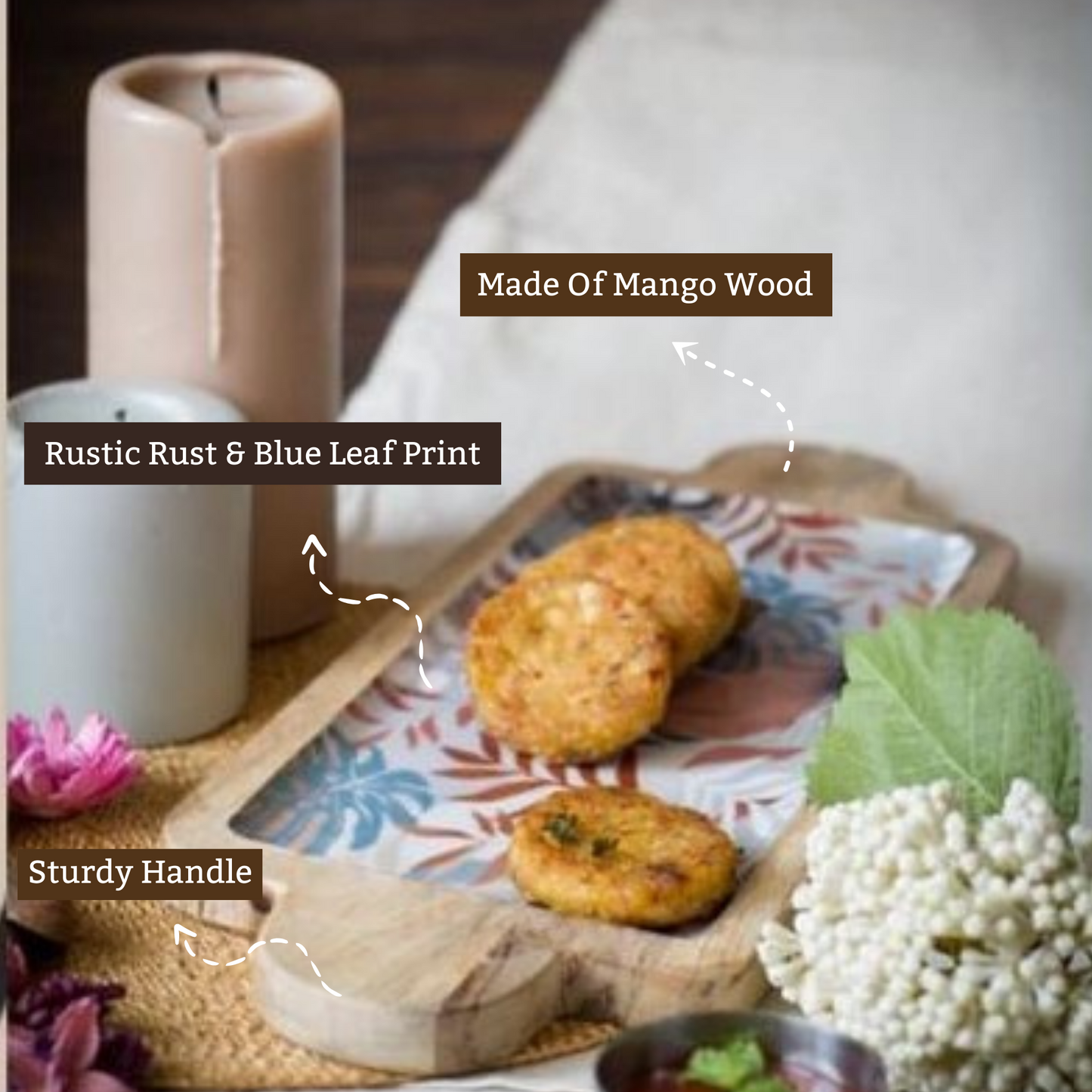 Grey Mango Wood Printed Floral Serving Platter