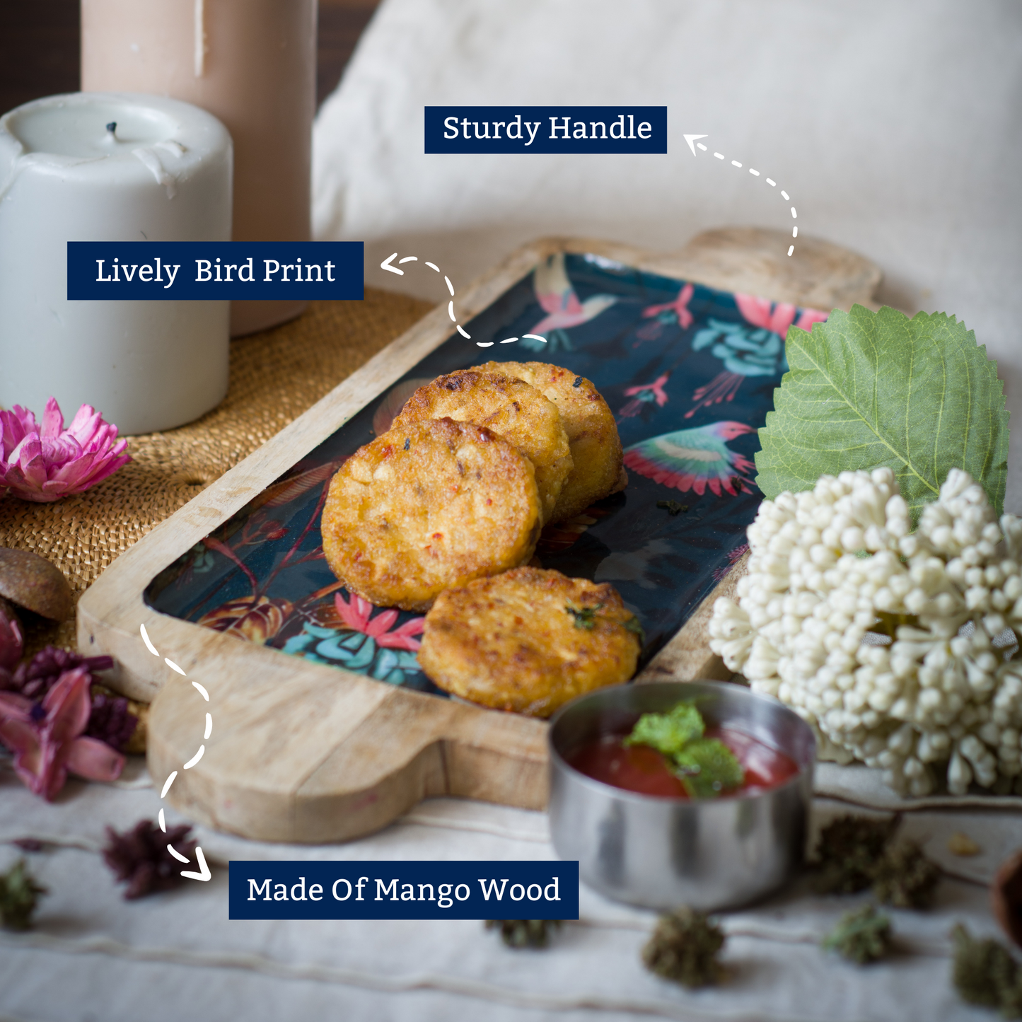 Blue Mango Wood Printed Bird Serving Platter