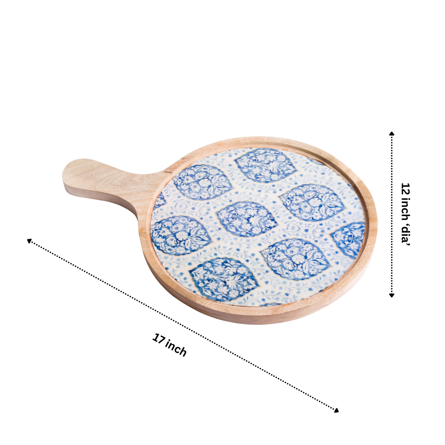 Blue Mango Wood Printed Floral Pizza Platter