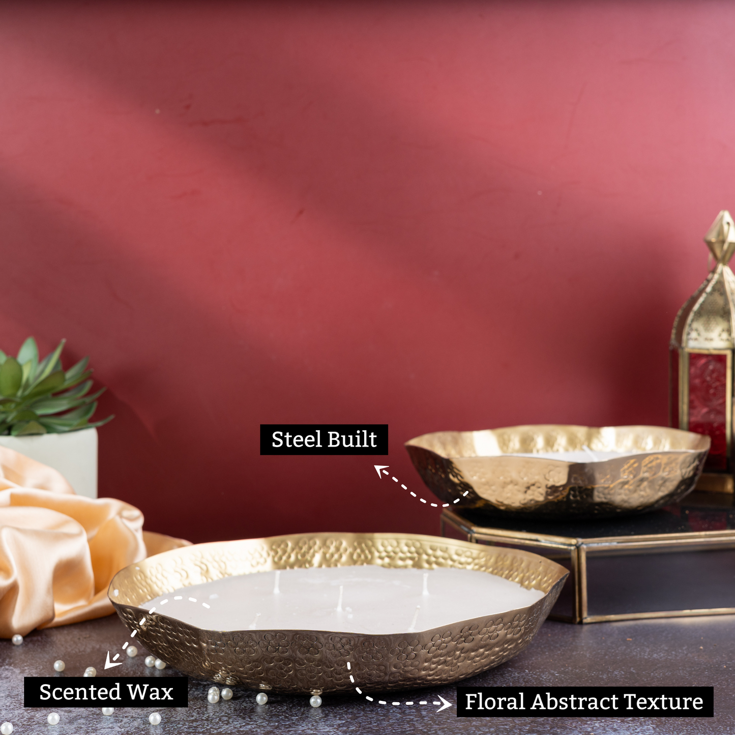 Gold Steel Floral Abstract Texture And Wax Frangrance Candle Set