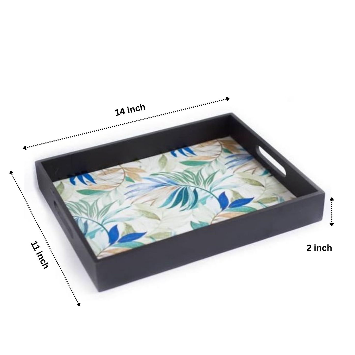 Green Mdf Wood Printed Leaf Rectangle Shaped Tray