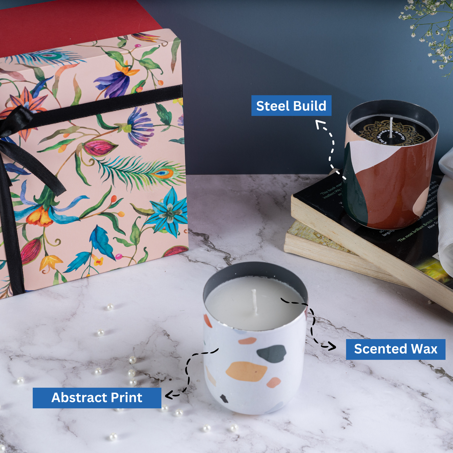 Multi Color Steel Abstract Print Fragrance Candles - Set Of 2