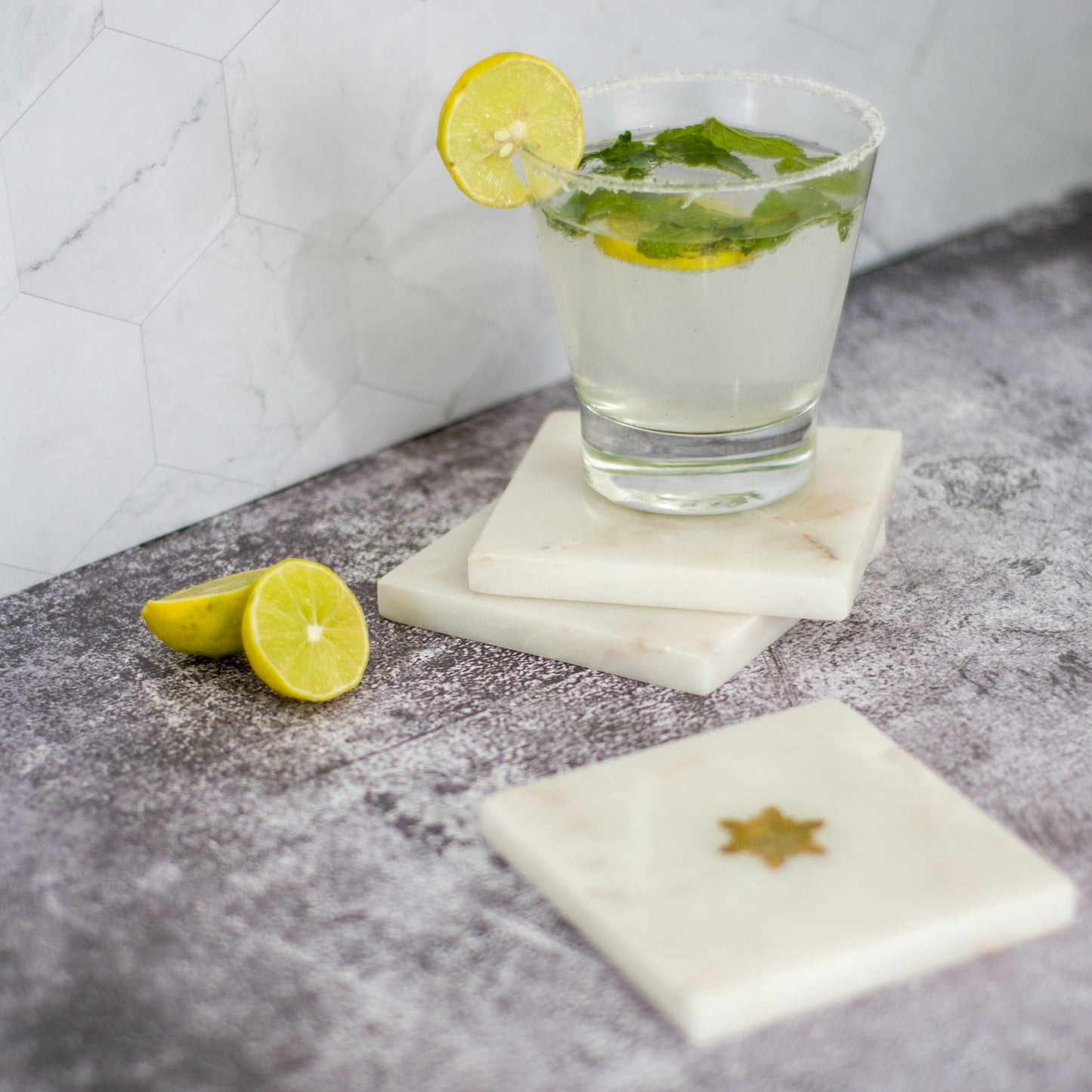 White & Gold Square Marble Coasters (Set of 4)