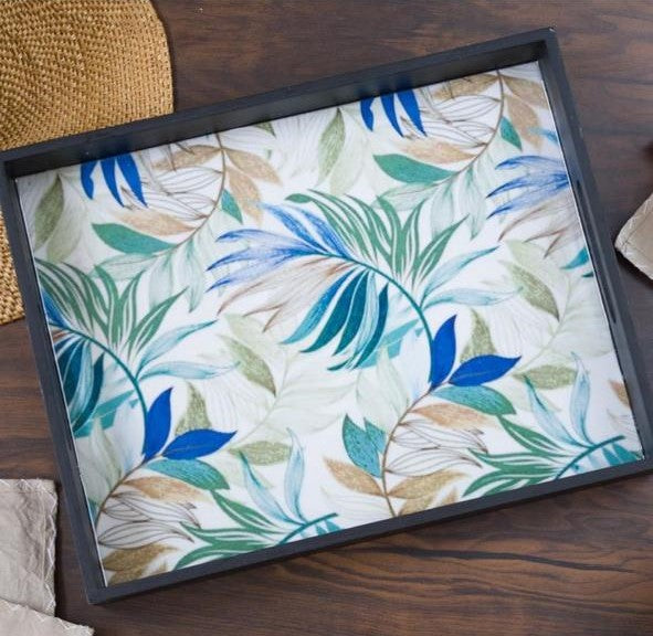 Green Mdf Wood Printed Leaf Rectangle Shaped Tray