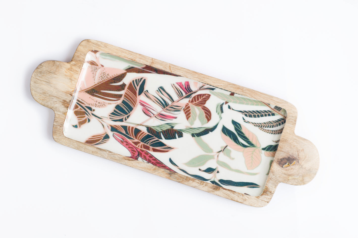 White Mango Wood Printed Leaf Serving Platter