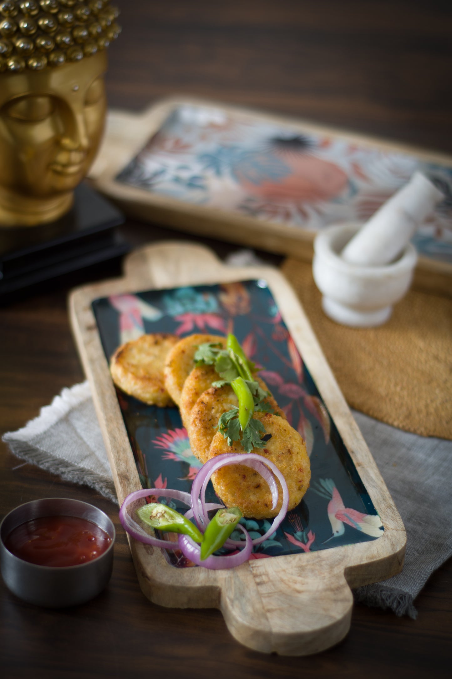 Blue Mango Wood Printed Bird Serving Platter