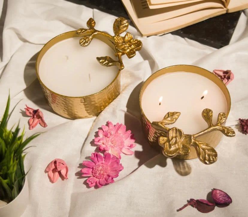Gold Metal Textured Floral Pattern Rose Scented Candle - Single Pc