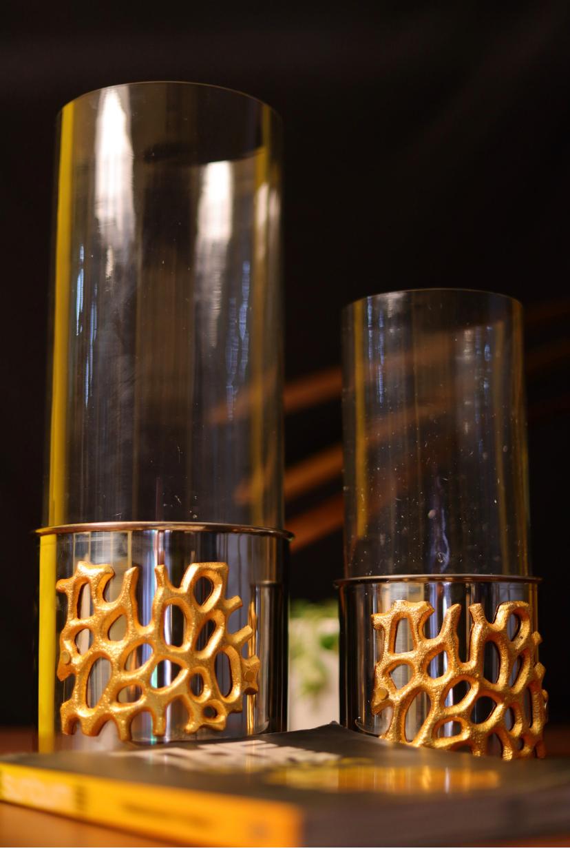 Silver Metal Abstract And Glass Candle Holder Set