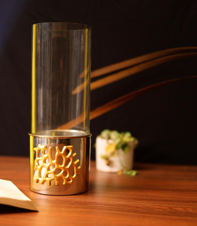 Silver Metal Abstract And Glass Candle Holder Set