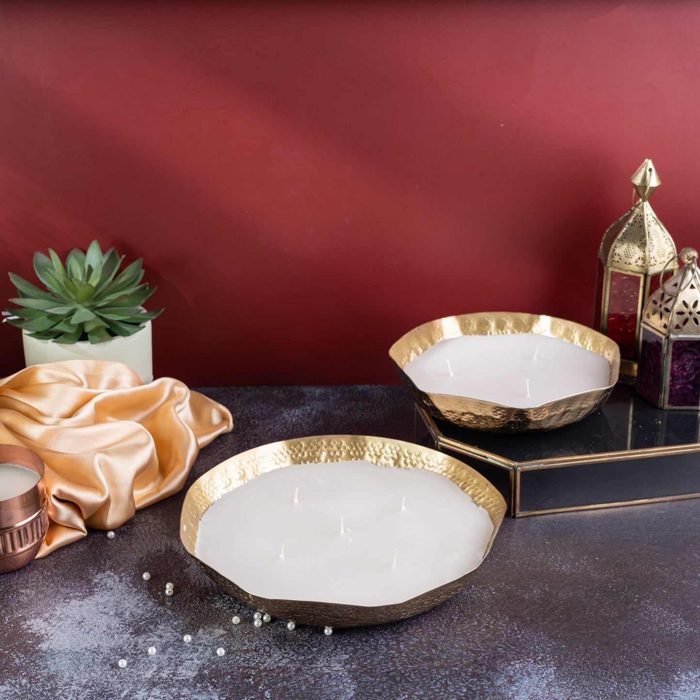 Gold Steel Floral Abstract Texture And Wax Frangrance Candle Set