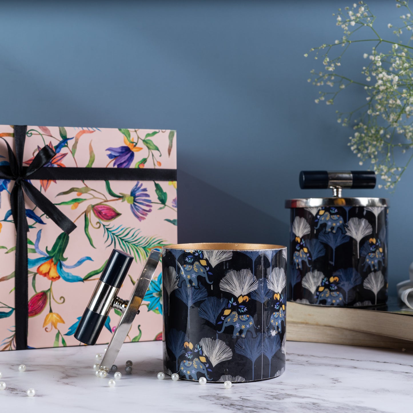 elephant flower Multi Color Steel Abstract Print Fragrance Candles - Set Of 2
