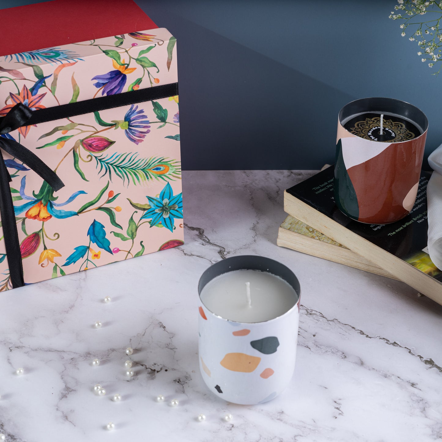 Multi Color Steel Abstract Print Fragrance Candles - Set Of 2