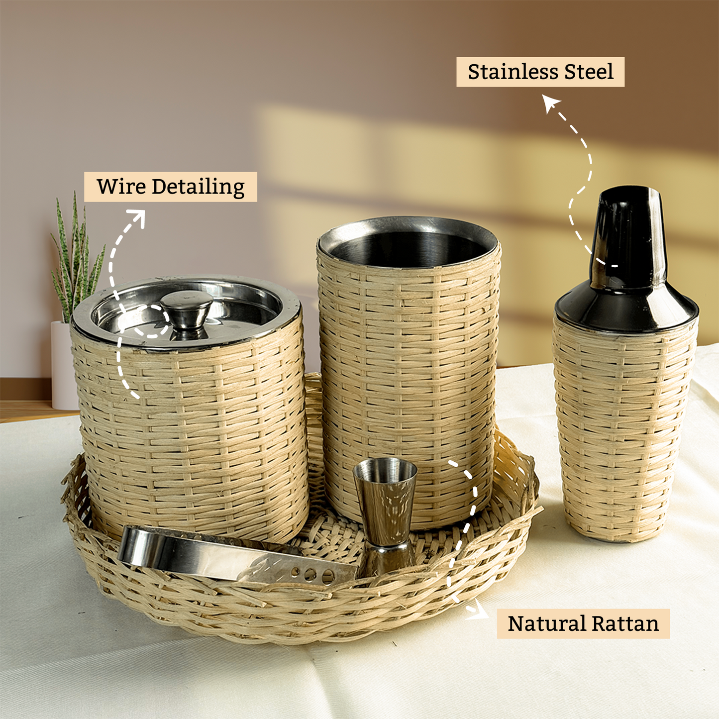 Brown Ratten Wire Cocktail Bar Set