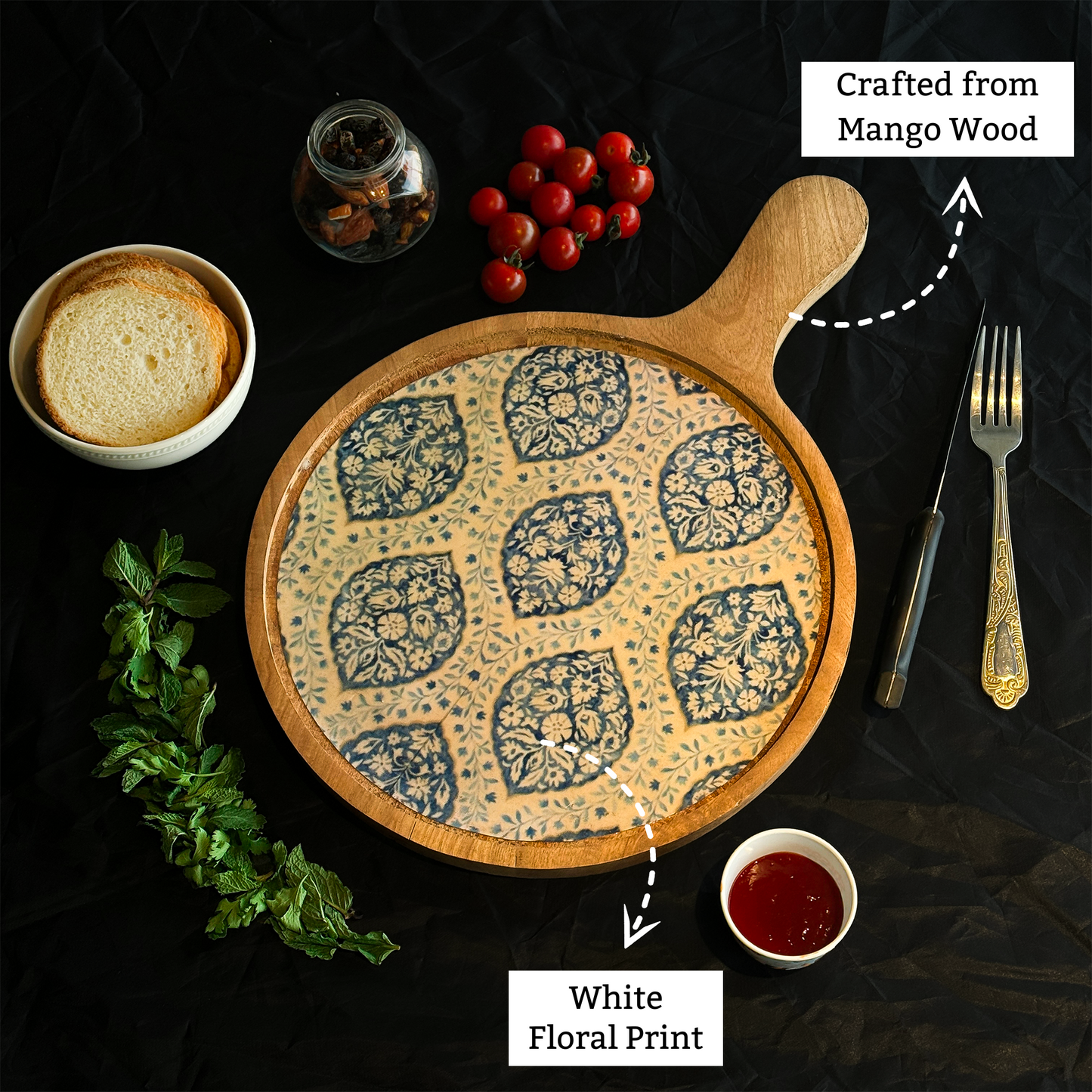 Blue Mango Wood Printed Floral Pizza Platter