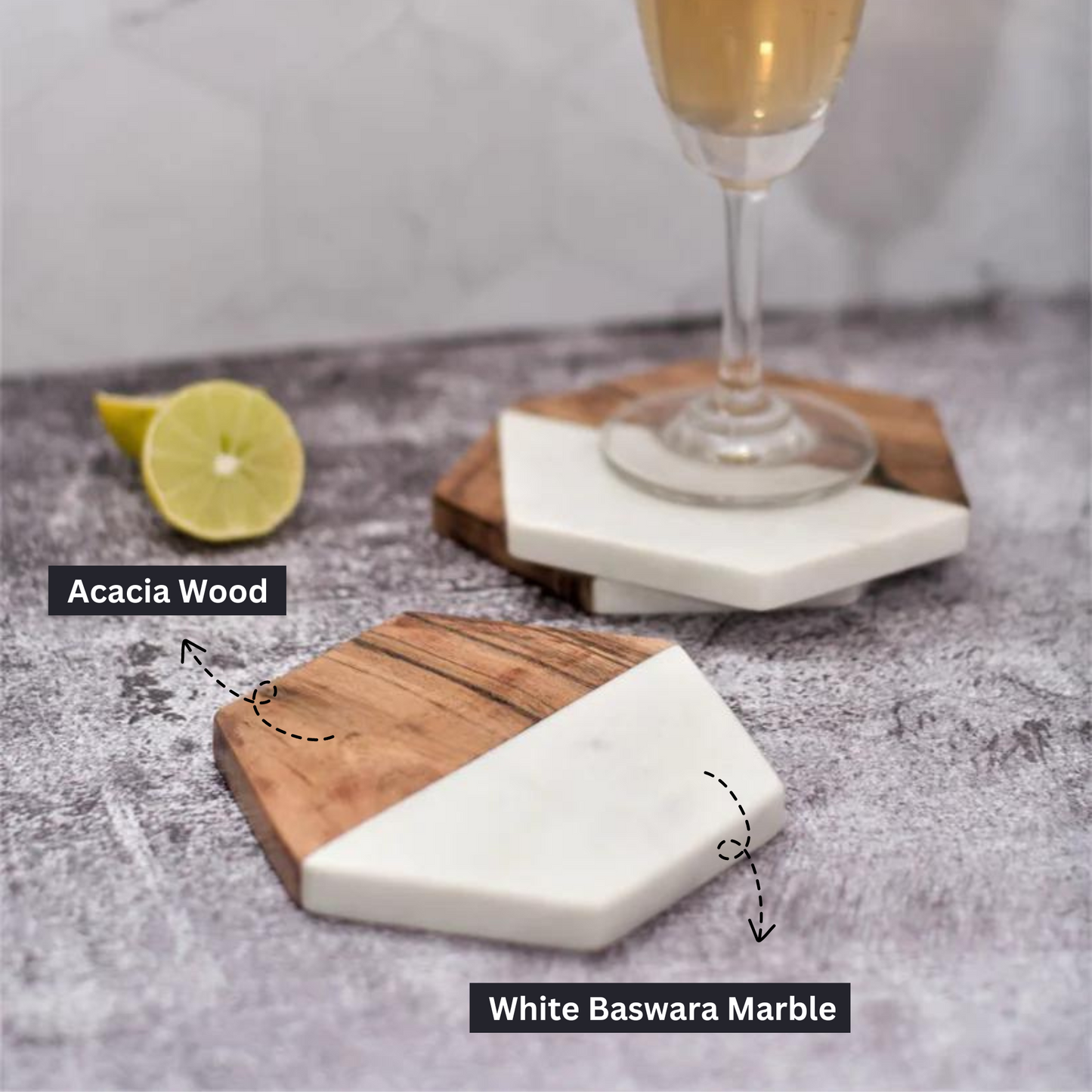 White Hexagonal Marble & Wood Coasters (Set of 4)