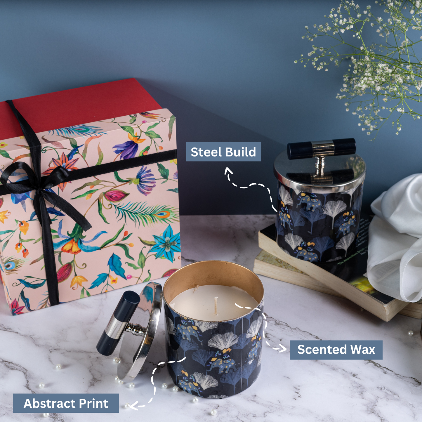 elephant flower Multi Color Steel Abstract Print Fragrance Candles - Set Of 2