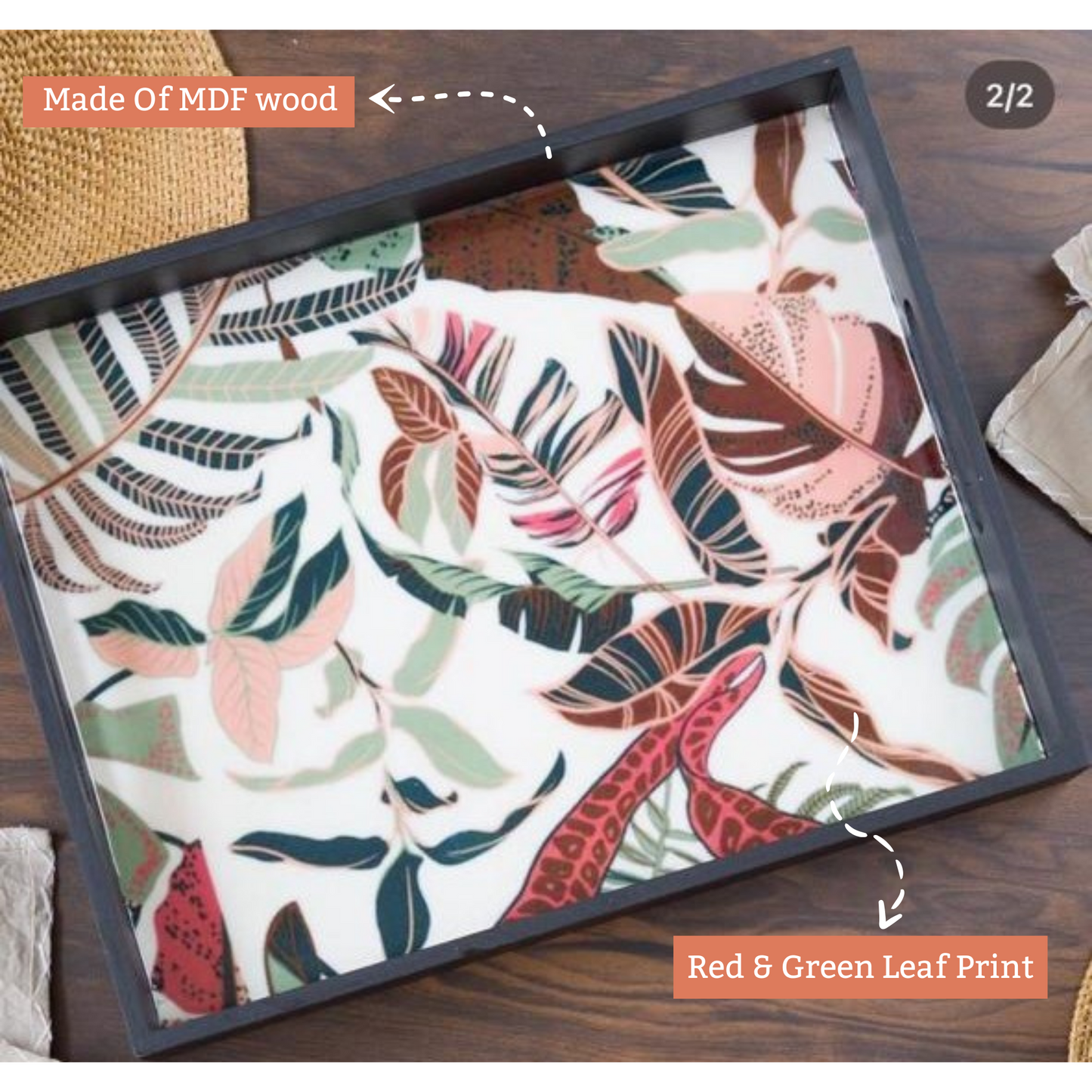 White Mdf Wood Printed Rectangle Shaped Tray