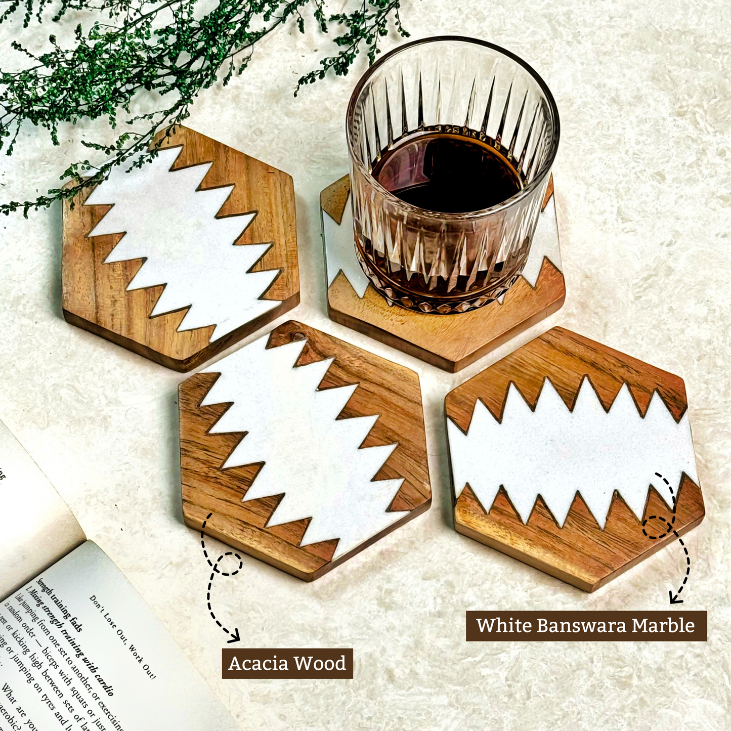 50% Baswara Marble Hexagon And Wood 4 Pcs Coasters