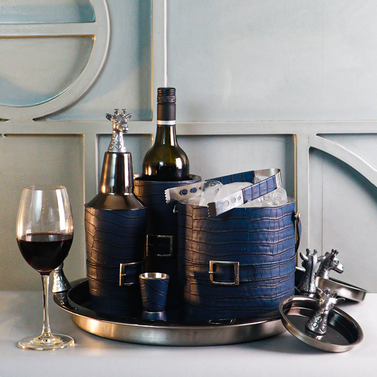 Blue Leather Abstract Pattern Bar Set