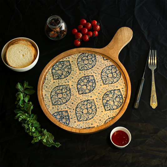 Blue Mango Wood Printed Floral Pizza Platter