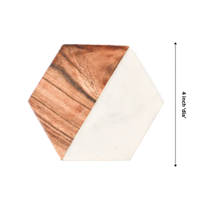 White Hexagonal Marble & Wood Coasters (Set of 4)