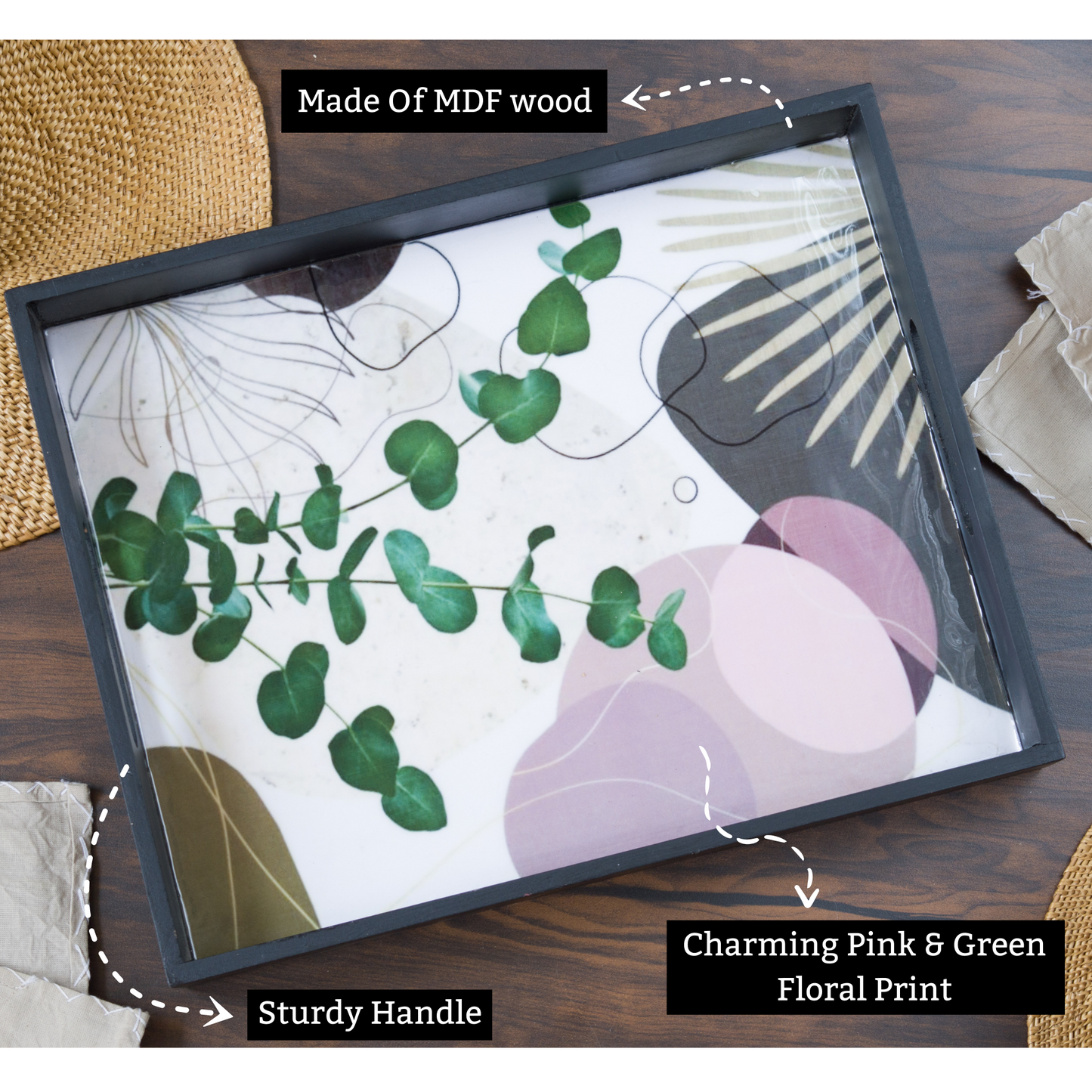 White Mdf Wood Printed Floral Tray