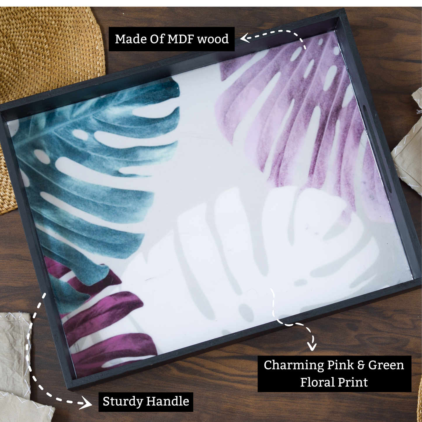 Grey Mdf Wood Printed Leaf Tray