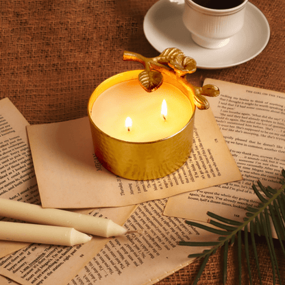 Gold Metal Textured Floral Pattern Rose Scented Candle - Single Pc