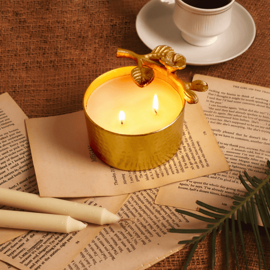 Gold Metal Textured Floral Pattern Rose Scented Candle - Single Pc