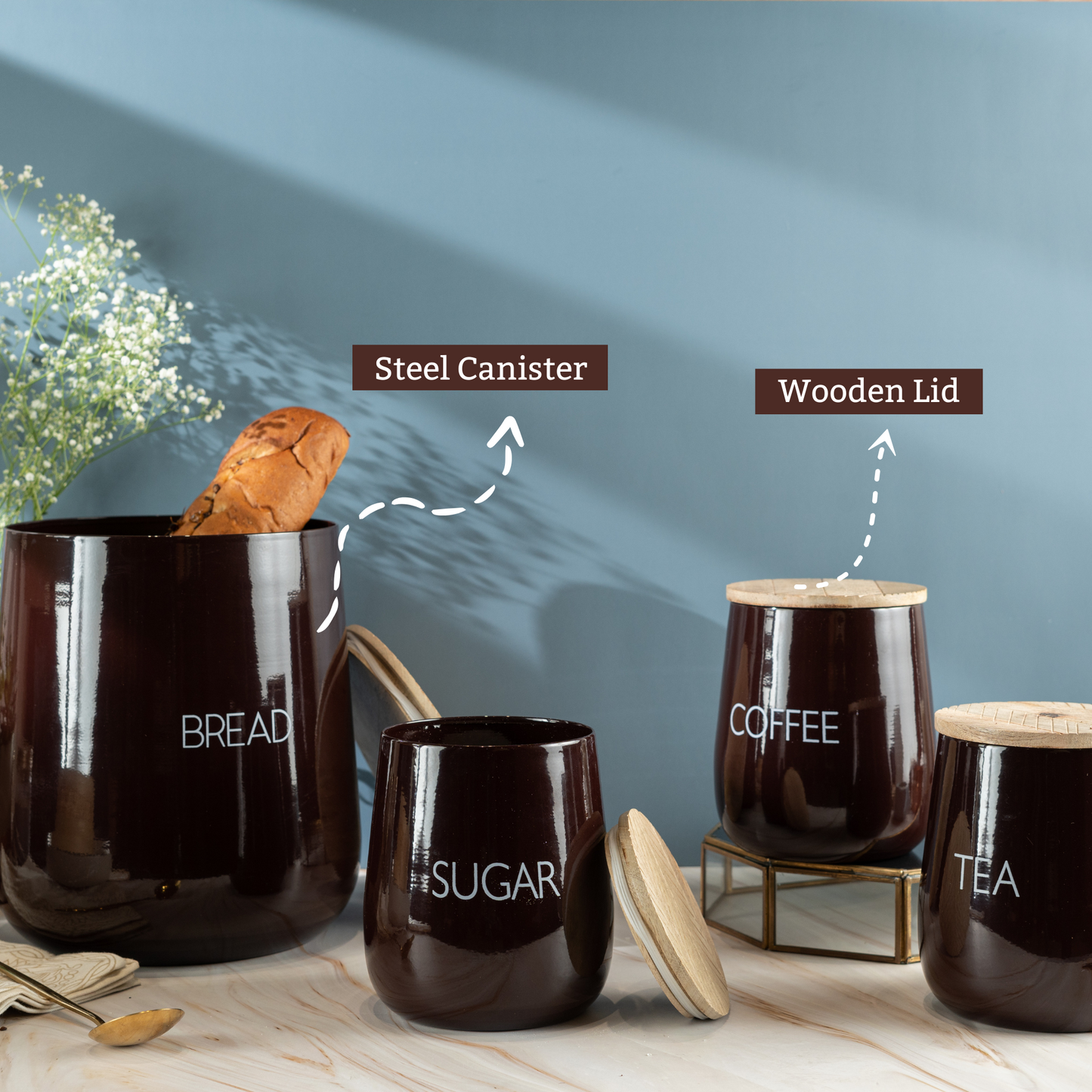 Brown Steel Solid And Wooden Canister Set