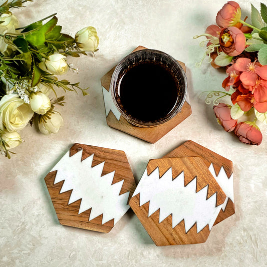 50% Baswara Marble Hexagon And Wood 4 Pcs Coasters