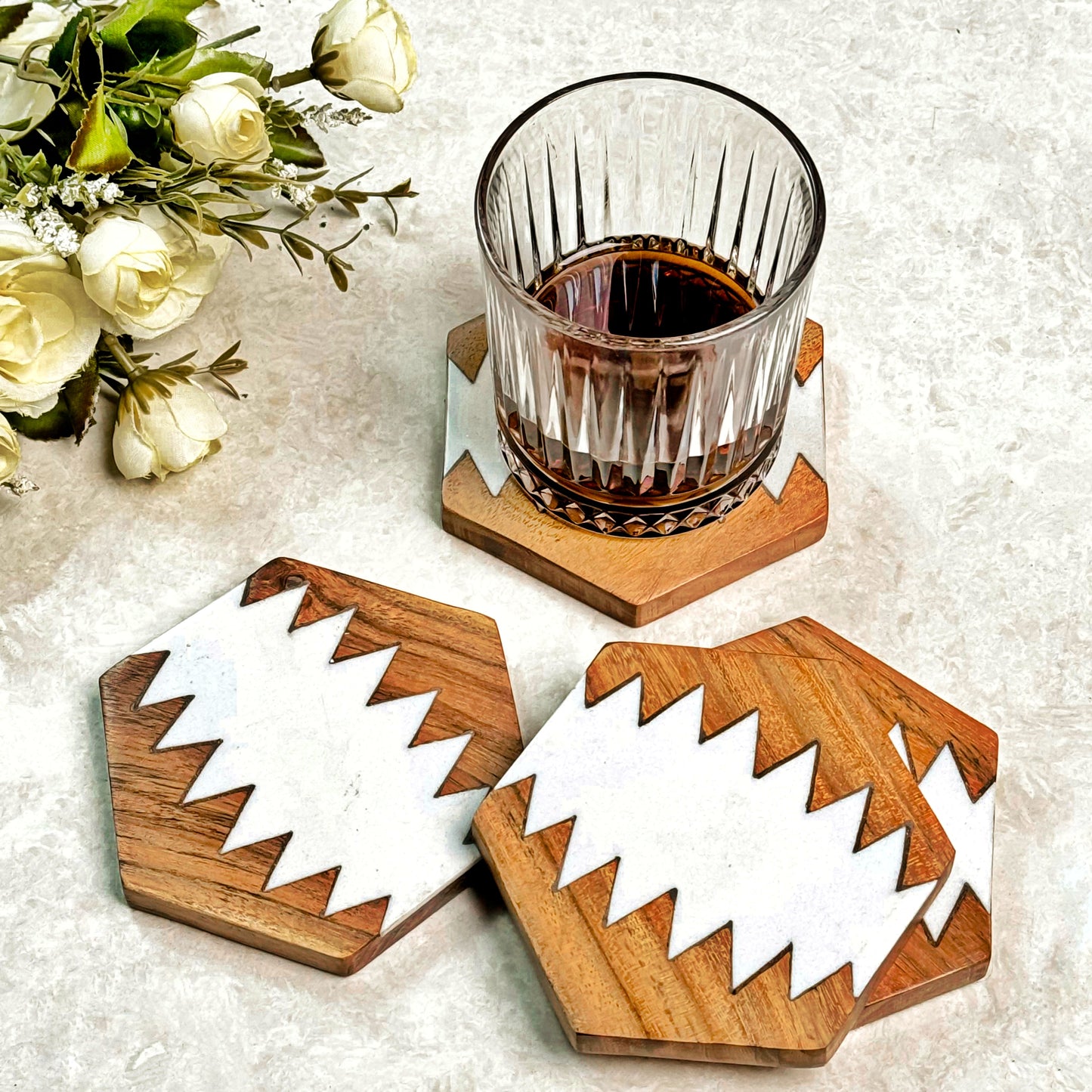50% Baswara Marble Hexagon And Wood 4 Pcs Coasters