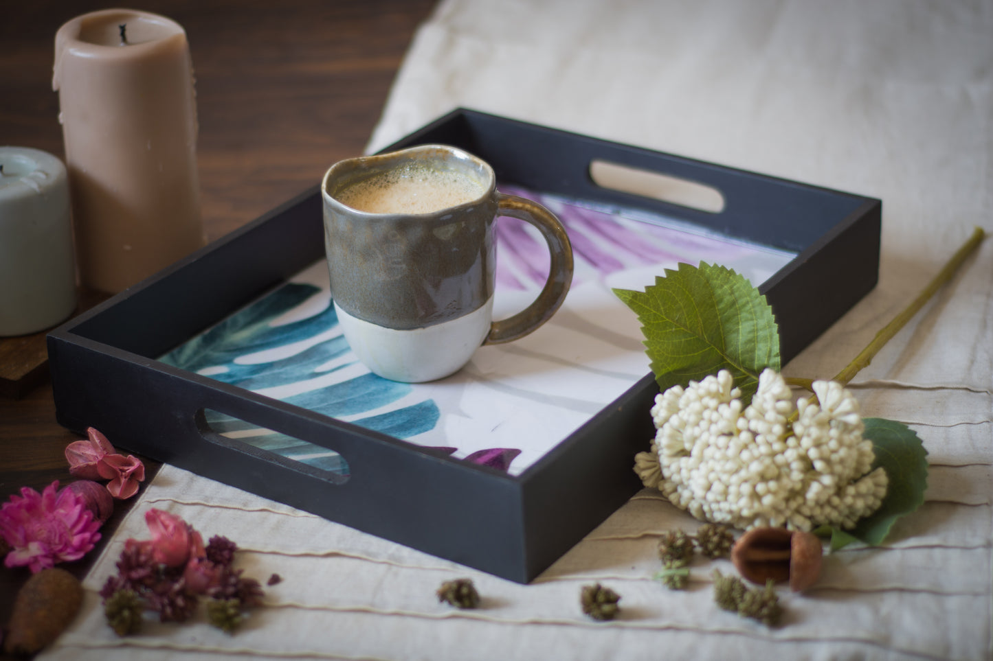 Grey Mdf Wood Printed Leaf Tray