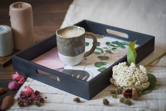 White Mdf Wood Printed Floral Tray