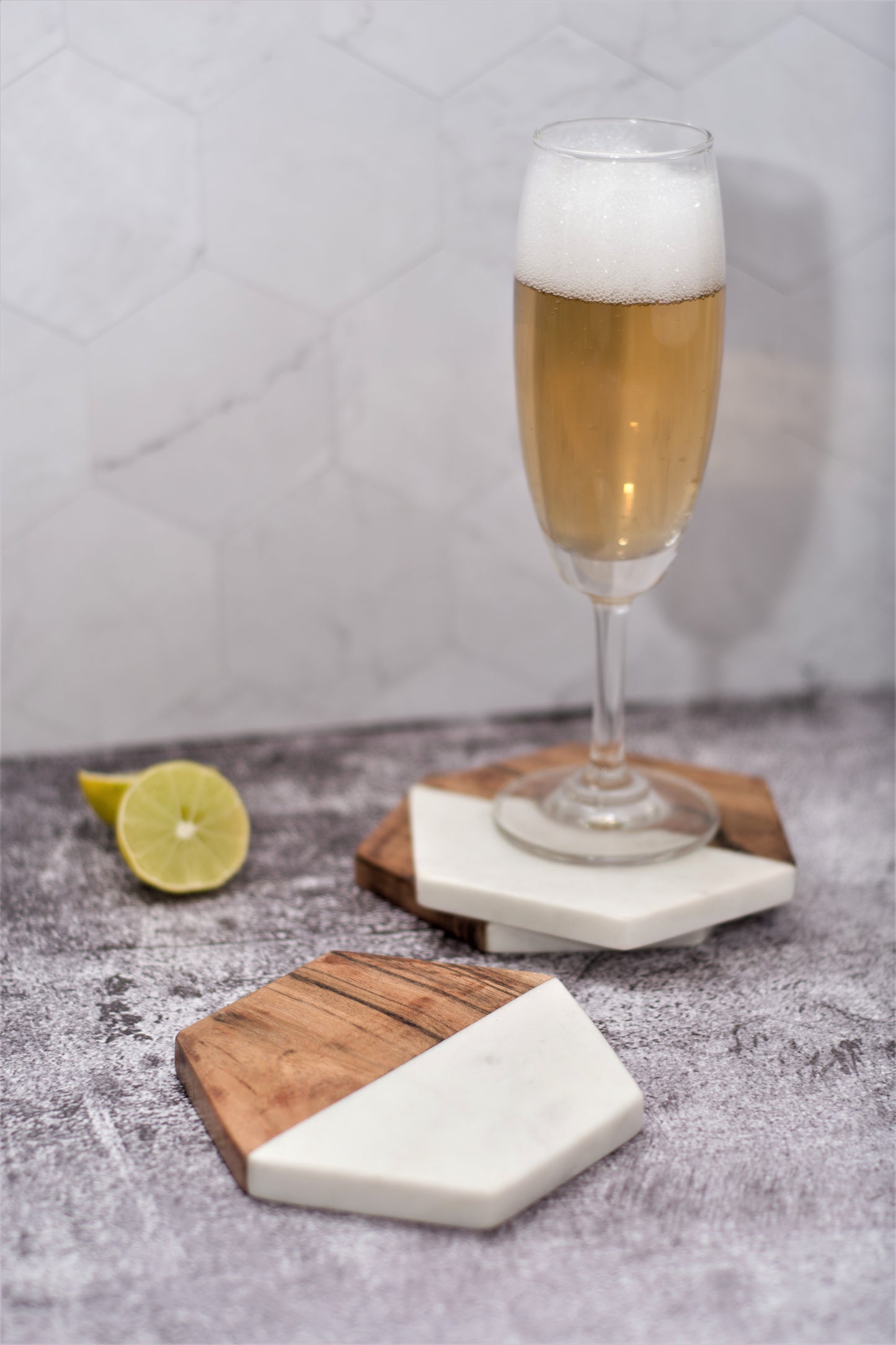 White Hexagonal Marble & Wood Coasters (Set of 4)