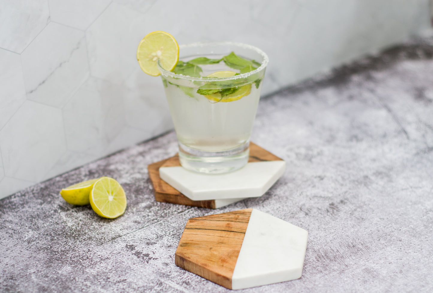 White Hexagonal Marble & Wood Coasters (Set of 4)