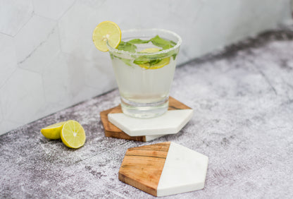 White Hexagonal Marble & Wood Coasters (Set of 4)