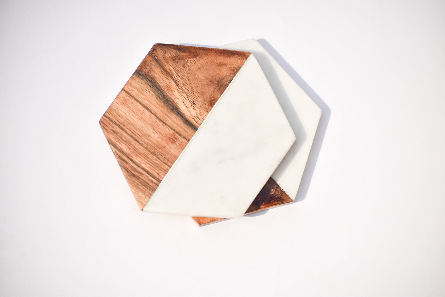 White Hexagonal Marble & Wood Coasters (Set of 4)