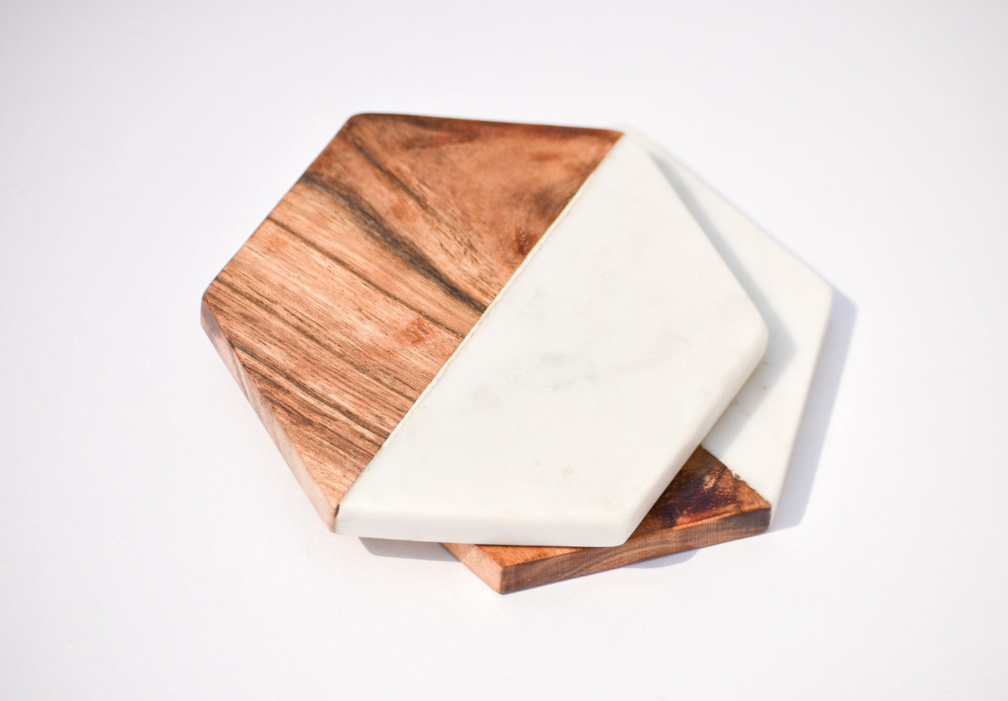 White Hexagonal Marble & Wood Coasters (Set of 4)